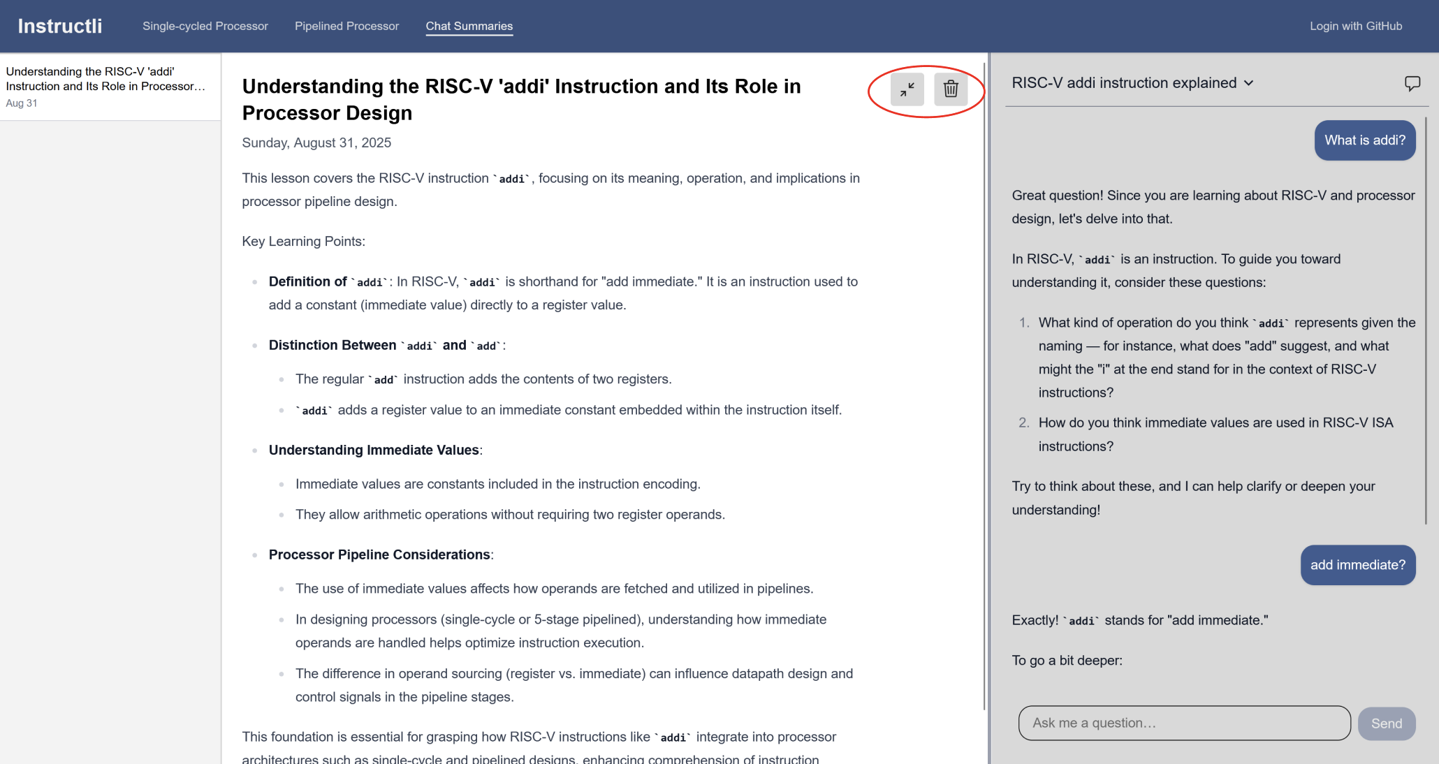 Chat summaries page showing saved conversation summaries with titles and dates