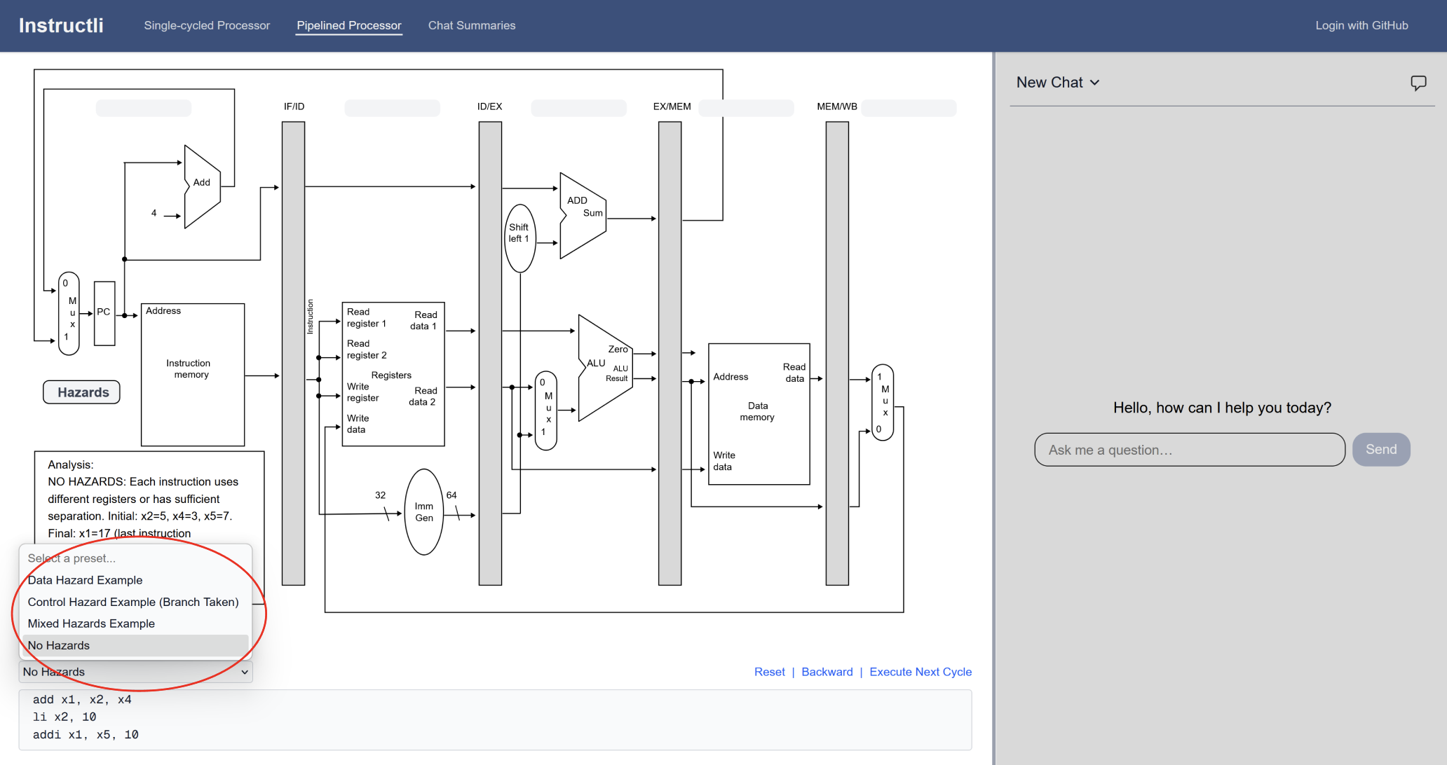 pipeline hazard selection dropdown menu interface