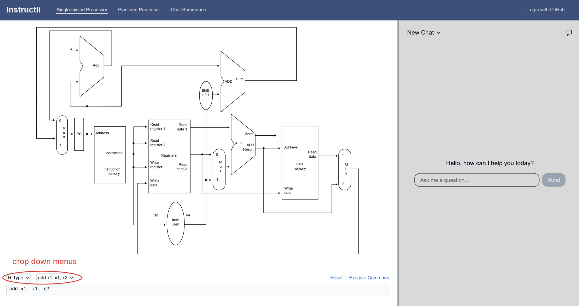 single-cycle selection interface showing dropdown menus for instruction selection
